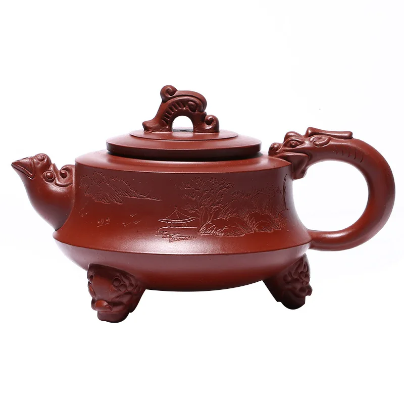 

Yixing raw ore Dahongpao three foot auspicious purple clay teapot gift engraving