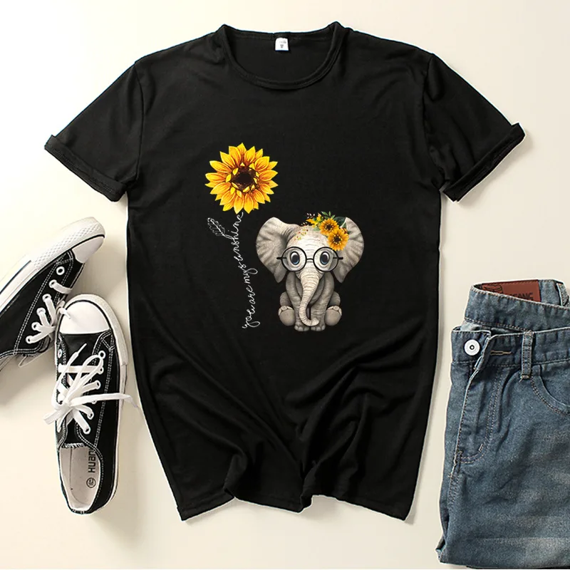 

European and American Women's Elephant Sunflower Top Loose Fashion Trendy Casual T-shirt