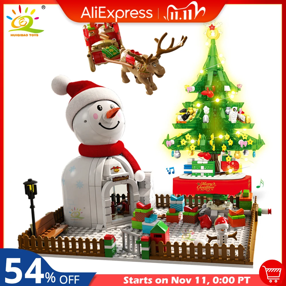 

HUIQIBAO Santa Claus Christmas Series Building Blocks with Figures Tree Elk City Bricks Set Toys for Children Friends Xmas Gift
