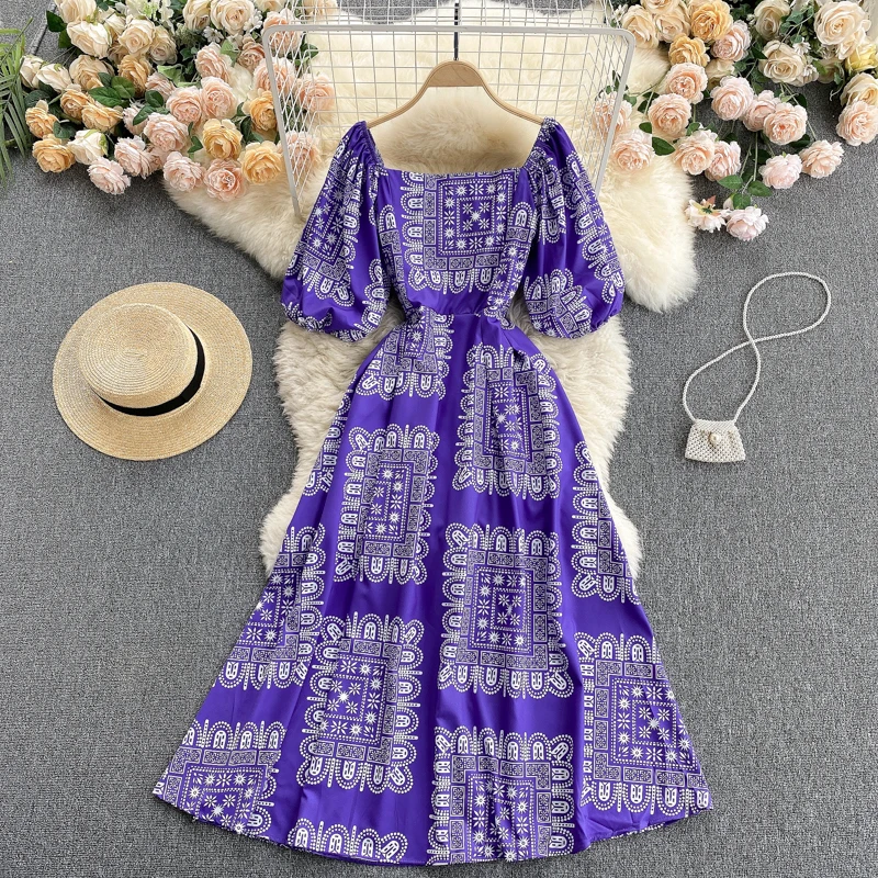

Women's Spring Summer Runway Fashion Designer Square Collar Vintage Print Dress Female Chic Travel Party Dress TB855