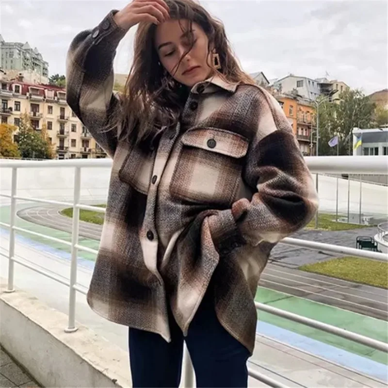 

Winter Vintage Loose Plaid Jacket Coat Women Streetwear Long Sleeve Thick Wool Oversize OverCoat Ladies