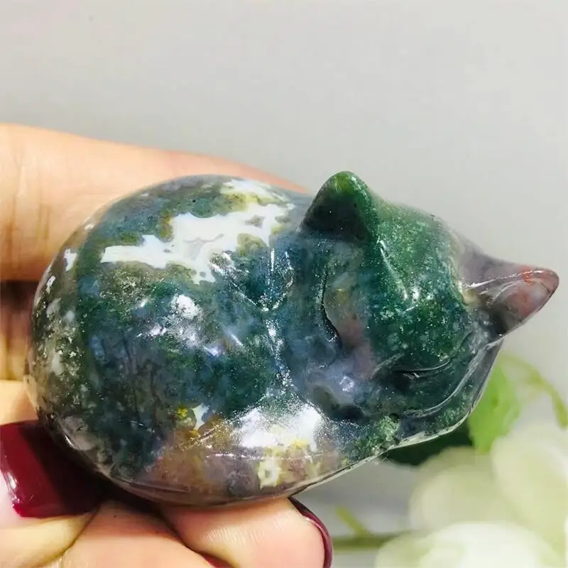 

Natural Moss Agate Cat Shape Crystal Hand Carved Rough Stone Healing Gemstone Room Decor Home Decoration Accessories