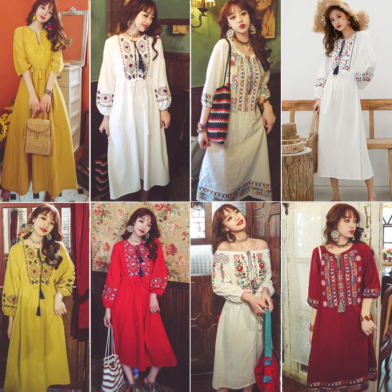 

Women Summer Bohemian Embroidery Long Dress V-Neck Casual Girls Female Beach