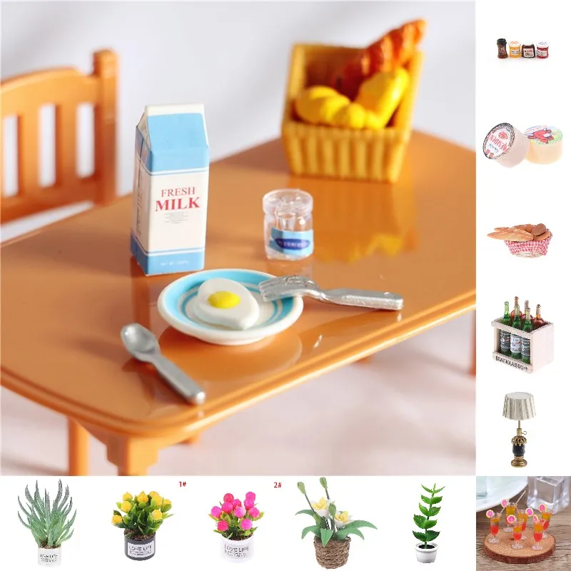 

New 1:12 Dollhouse Toys Kettle Cheeses Jam Wall Clock Potted Plant Bottles Lamp Kettle For Doll House Decoration Accessories