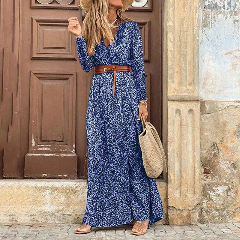 

Women Long Sleeve Printed Dress Summer Loose V-neck Plus Size Elegant Party Clothes Ladies Casual Bohemian Beach Dress