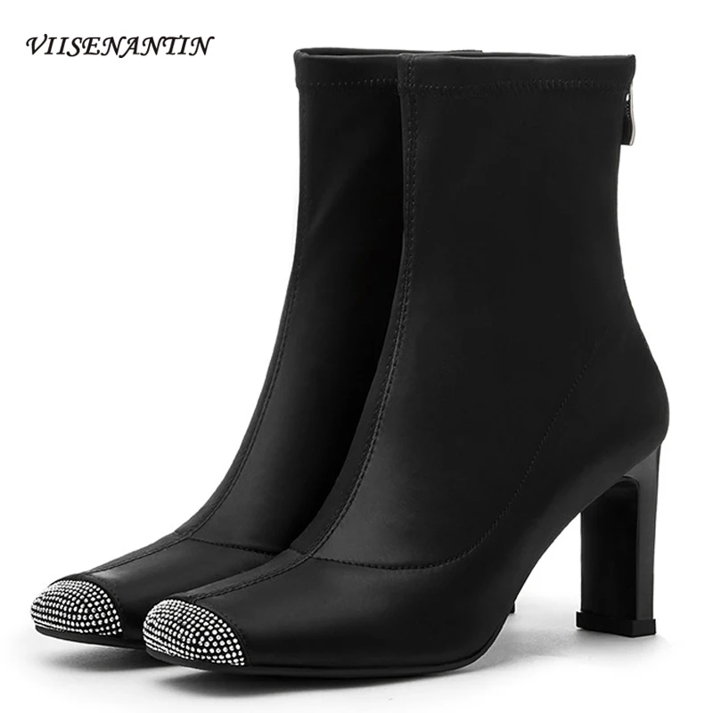 

Autumn new Army Green Rhinestone Square Toe High Thick Heel Short Ankle Chelsea Boots Women Crystal Bling Zipper Fashion Shoes