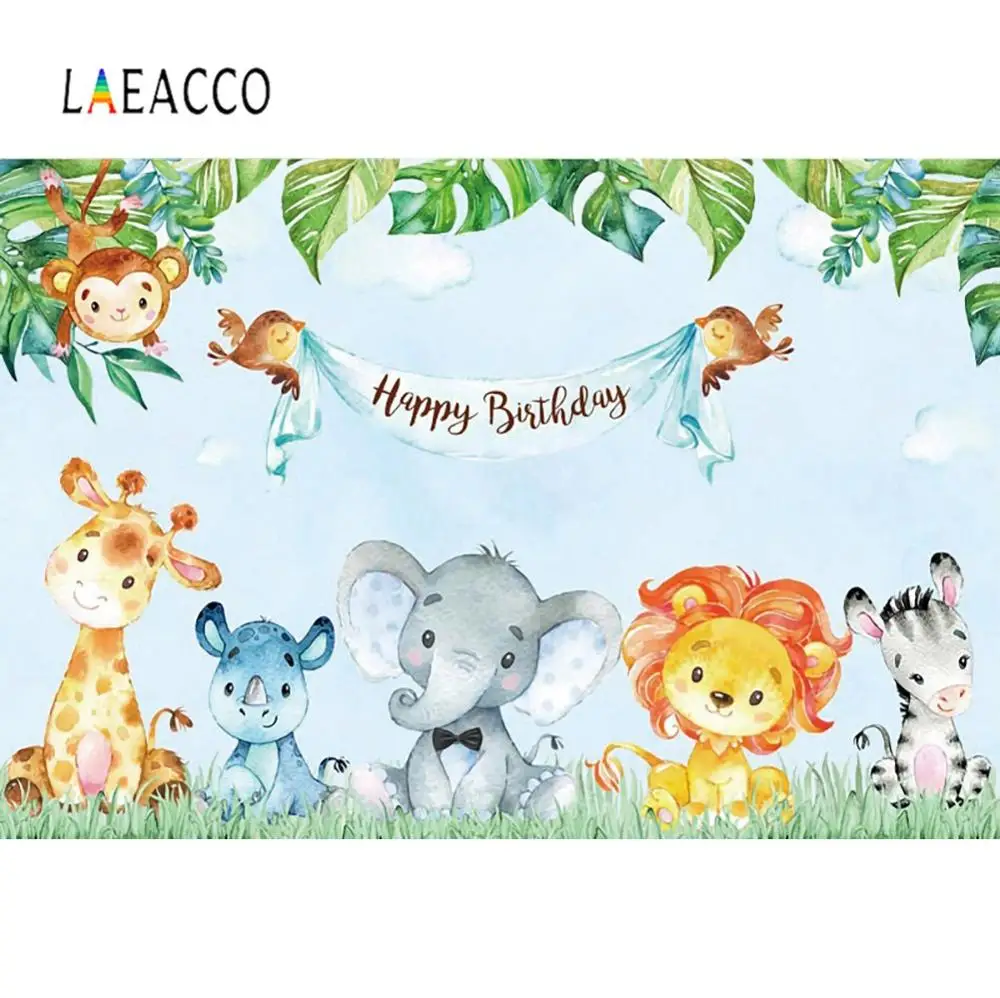 

Vinyl Backdrops Photography Jungle Safari Birthday Party Elephant Monkey Grassland Customized Banner Watercolor Photo Background