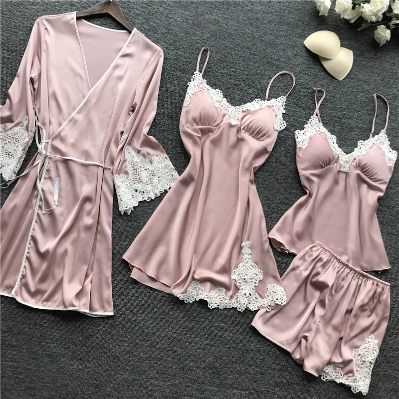 

Sexy Lace Robe Women's Pajamas Satin Pijamas Set Nightgown Sleepwear Bathrobe Night Dress Dressing Gowns for Women