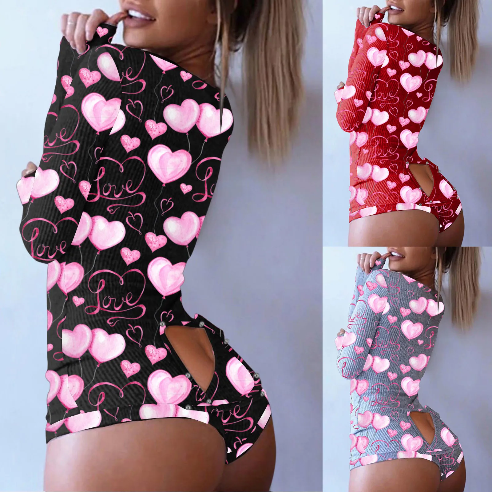 

Women Pijamas Onesies Button-down Front Sexy V-neck Heart Print Playsuit Romper Functional Buttoned Flap Pyjama Femme Sleepwear