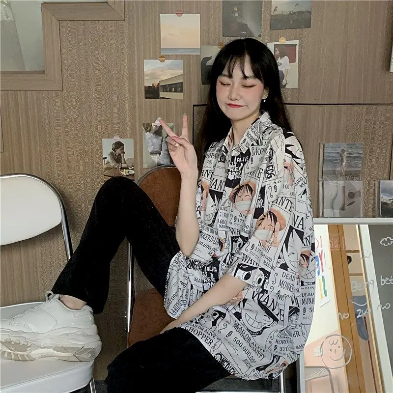 

2021 Short Sleeve Shirt Female Student Korean Loose Harajuku Hong Kong Style Blouse One Piece Anime Tops Plus Size Goth Clothing