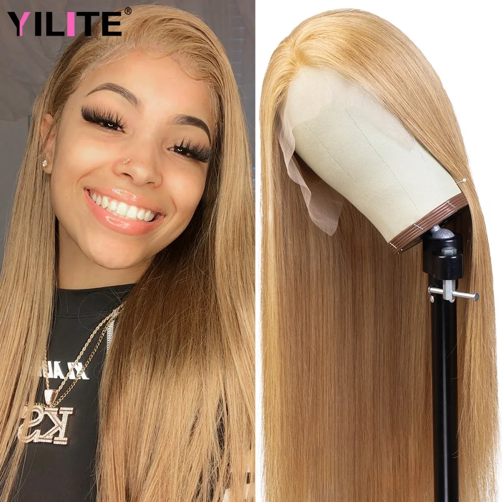 

30 32 Inch Bone Straight HD Transparent Lace Human Hair Frontal Wigs Glueless Colored T Part Lace Wig #27 Honey Blonde Lace Wigs