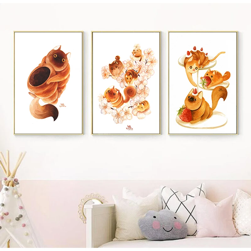 Мультяшная Толстая кошка поедать Картина на холсте принты и плакаты картина для