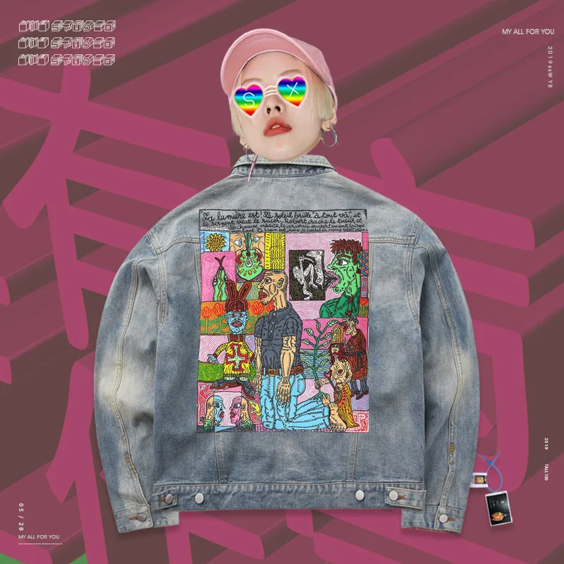 Джинсовая куртка с двумя карманами Забавный мультяшный комикс цветная ручная