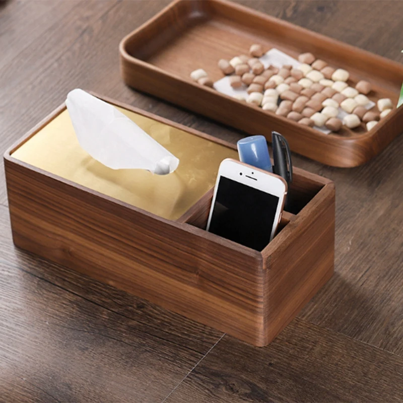Black Walnut Wood Napkin Box Brass Cover Tray Tissue Retro Classic Multi-Function Storage Home Decor High-End |