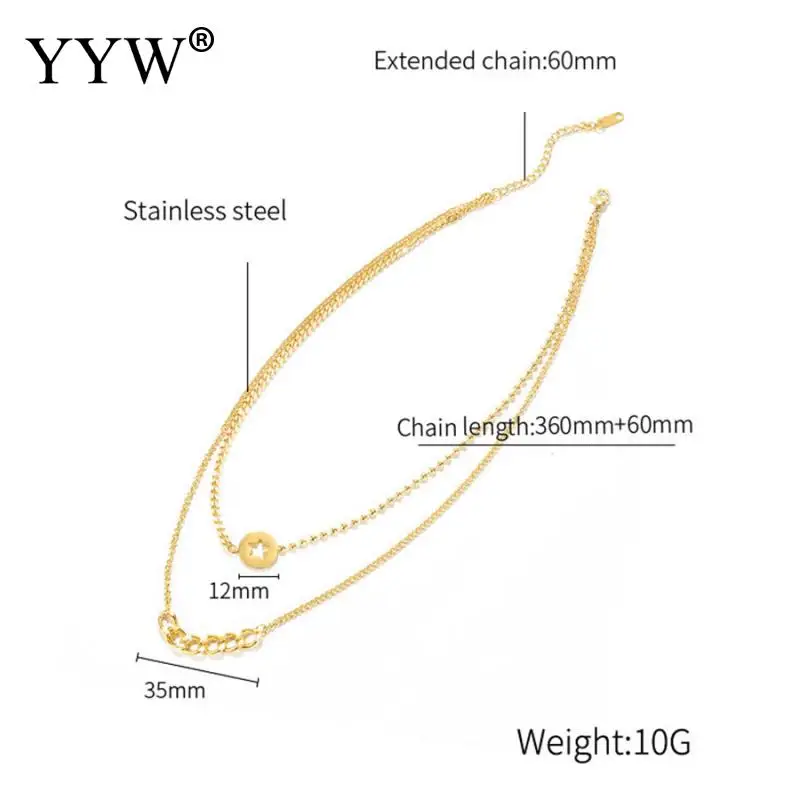 

Double-Layer Star Stitching Titanium Steel Necklace Ins Niche Clavicle Chain Necklace Fashion All-Match Necklace Length 36+6cm