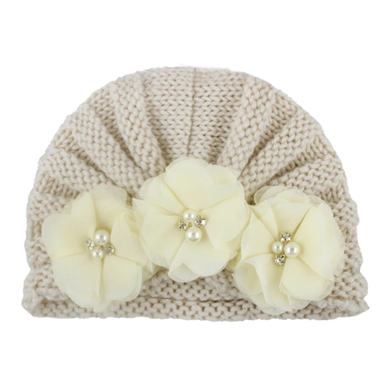

Autumn Soft Cute Newborn Baby Flower Pearl Design Girls Caps Infant Knitted Hat Turban Elastic Cap New