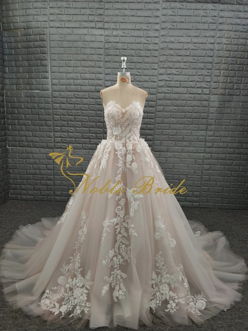 Real Picture Tulle Wedding Dress Garden Sleeveless  Sweetheart A-Line Applique Pearls Bridal Gowns