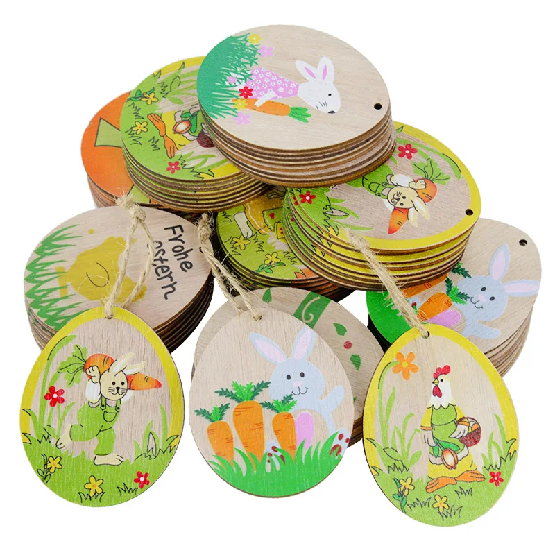

10pcs Easter Egg Wood Chips Tag Bunny Hen Rabbit Carrot Hanging Pendant Ornament DIY Wooden Craft Spring Easter Party Home Decor