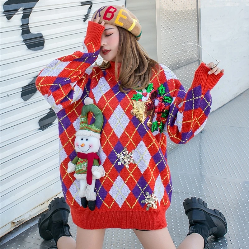 Тайская уличная мода Женский Рождественский свитер ретро красный свободный