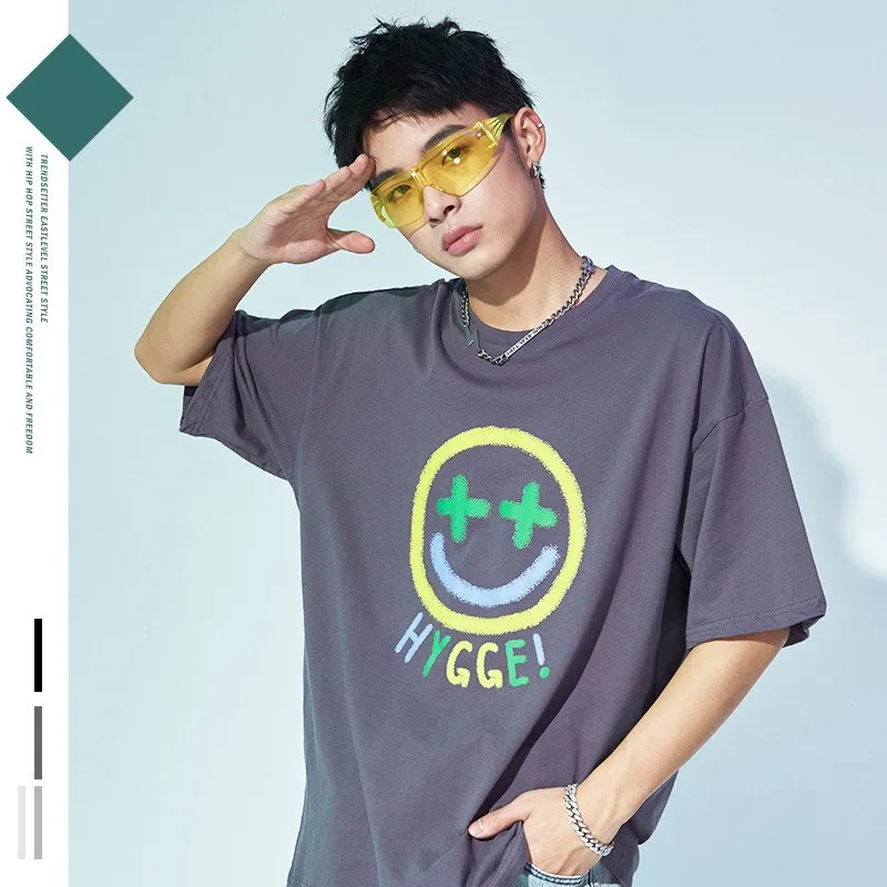 

Summer New Trend Hip-hop Smiley Face Printed Short-sleeved T-shirt Male Korean Style Loose Oversize Couple Top Ins Tide Rap