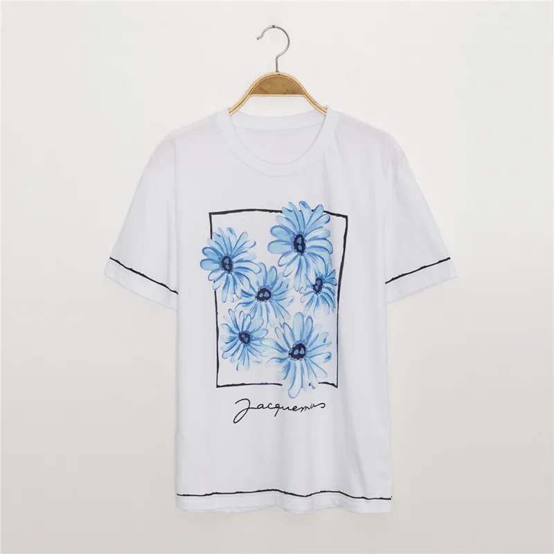 

Women Summer White O-Neck Cotton Flower Print T-shirt Ladies Fashion Plus Size Tees Female Brand High-Quality Casual Tops ZM177