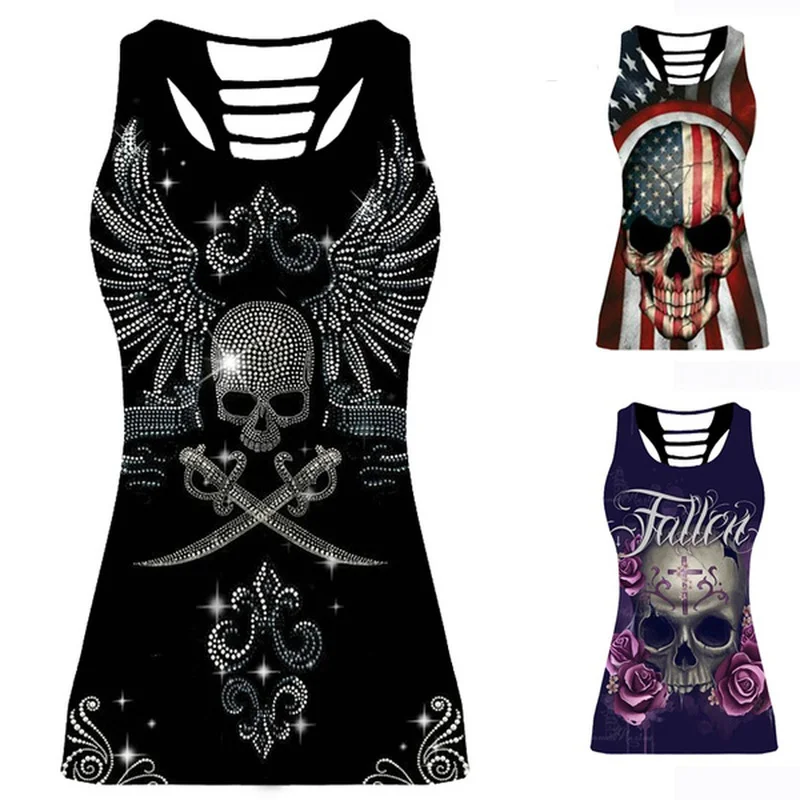 Топы на бретельках Женская летняя обувь модные панк Череп принт с вырезами сзади