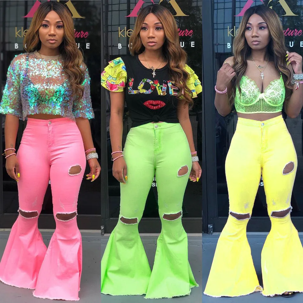 Узкие рваные джинсы с завышенной талией женские расклешенные брюки модные из