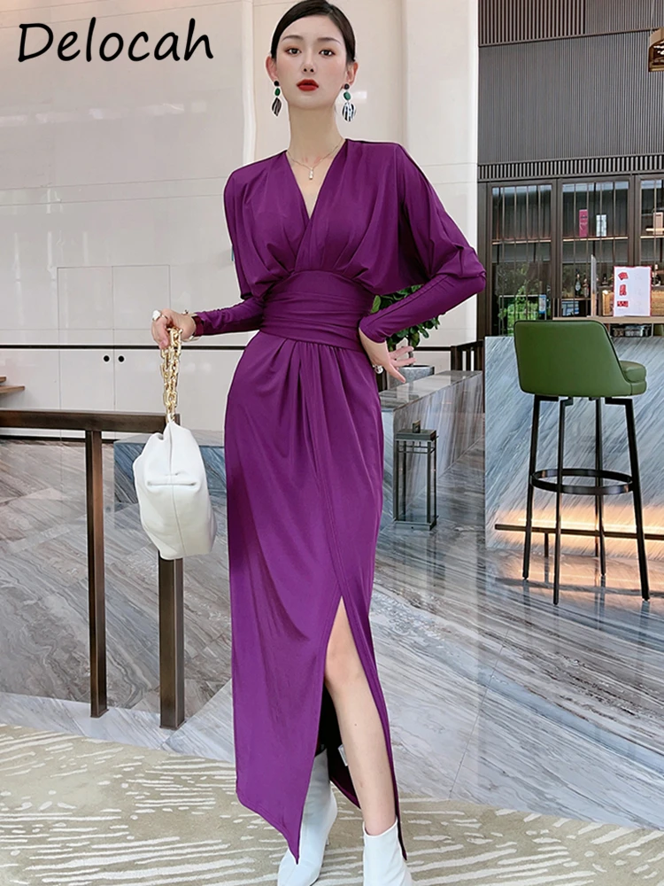 

Delocah новые 2021 осенние модные дизайнерские качественные женские вечерние миди платье с рукавами «летучая мышь» с высокой талией элегантное ...