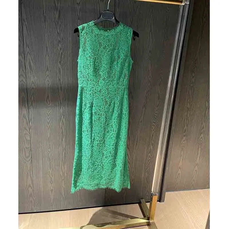 

Cosmicchic 2021 Summer Sleeveless Lace MIDI Dress O-Neck High Waist Slim Pencil vintage dresses Green Hollow Out Silk Lining