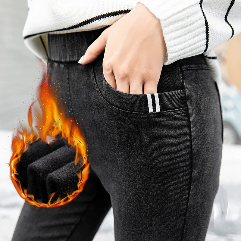 

Plus Size Stretch Winter Jeans Women Velvet Fleeces Inside Thicken Denim Pants High Waist Warm Trousers Female Snow Jeans Pants