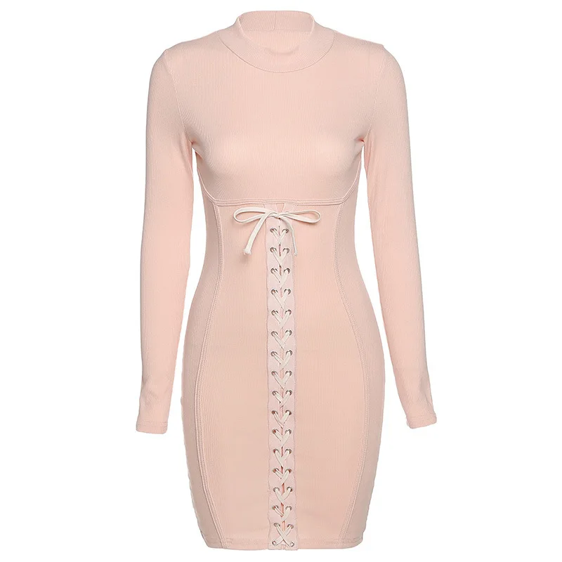 

Autumn Long Sleeve Turtleneck Female Bodycon Sweater Dress Office Lady High Street Casual Cross Bandage Solid Mini Dress Women