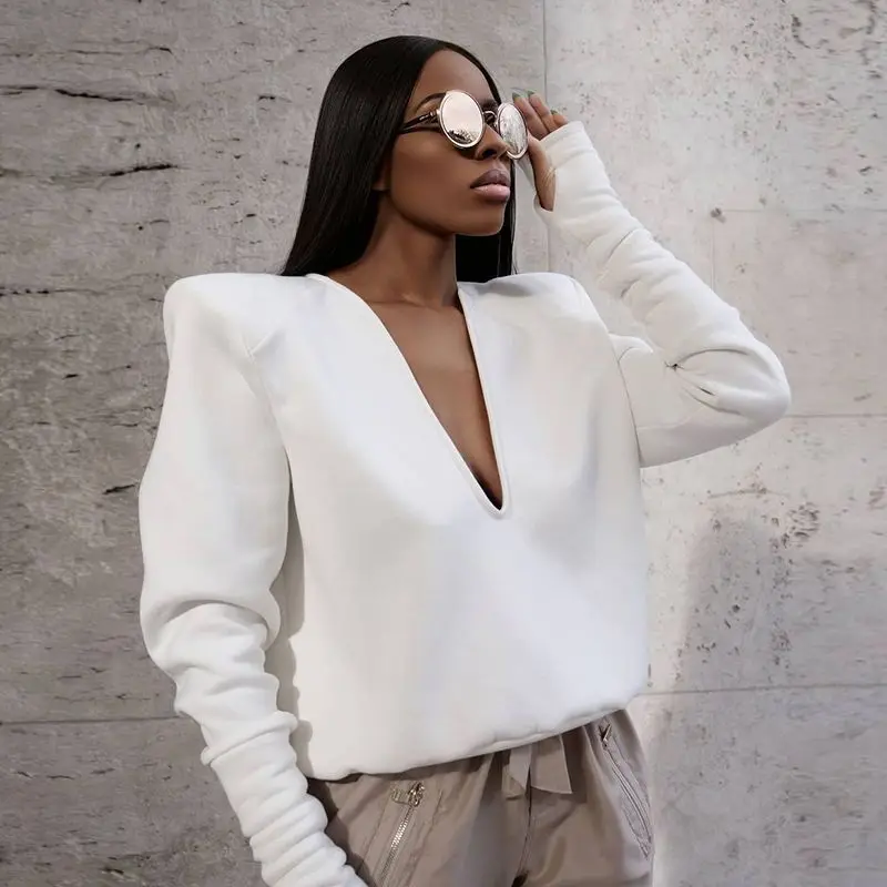 

Women Sexy Deep V-Neck Long-Sleeve Pullovers Coat Elegant Vintage Padded Shoulder Office Ladies Casual Clothes 2021 Autumn