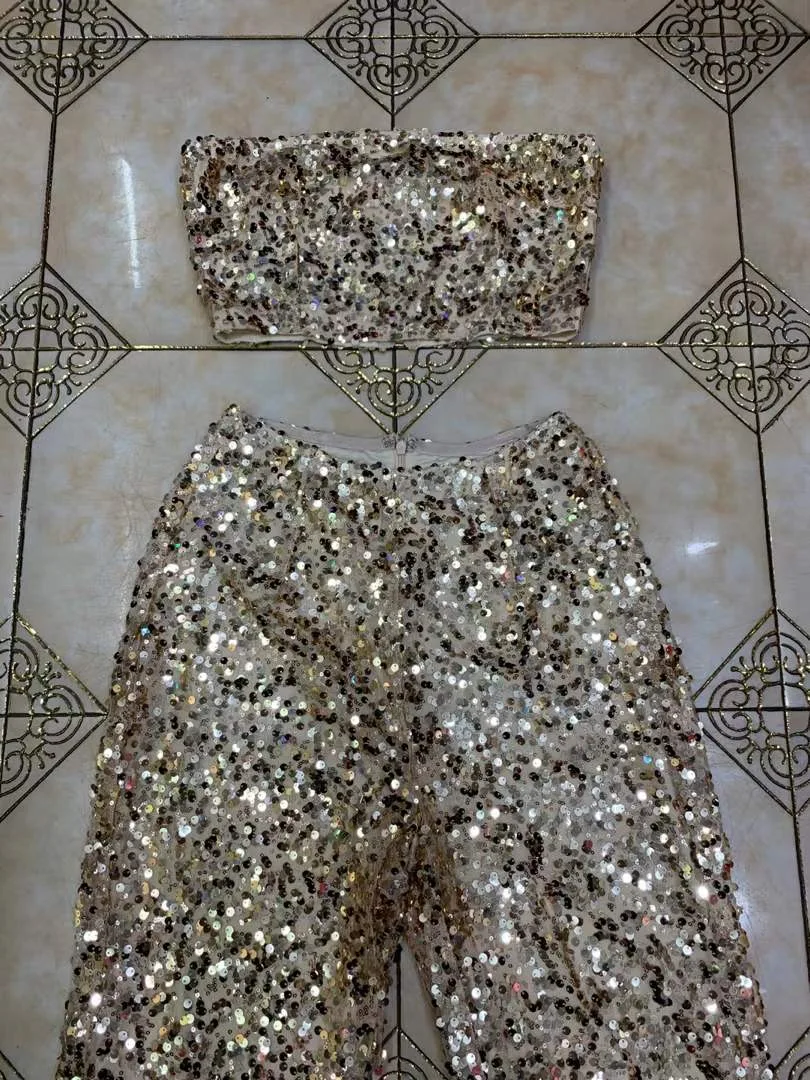 

Hot Sale Ladies Women Summer Sexy Strapless Gold Mesh Sequins Two Piece Set 2020 Celebrity Designer High Street Women's Set