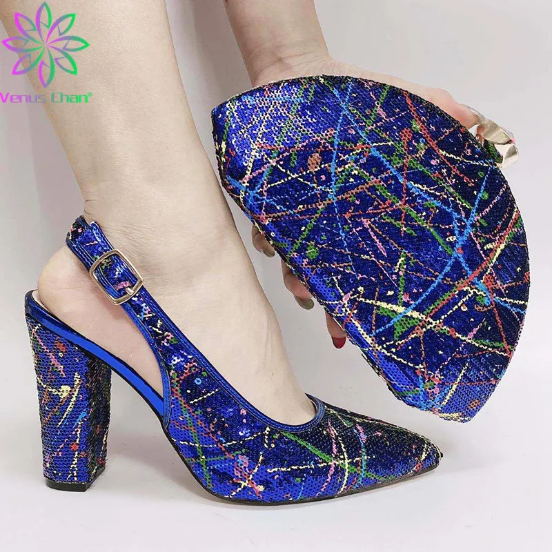 

Fashion Italy Ladies Shoes with Matching Bags Set Decorated with Rhinestone Plus Size Shoes Women Heel Pointed Toe Buckle Strap