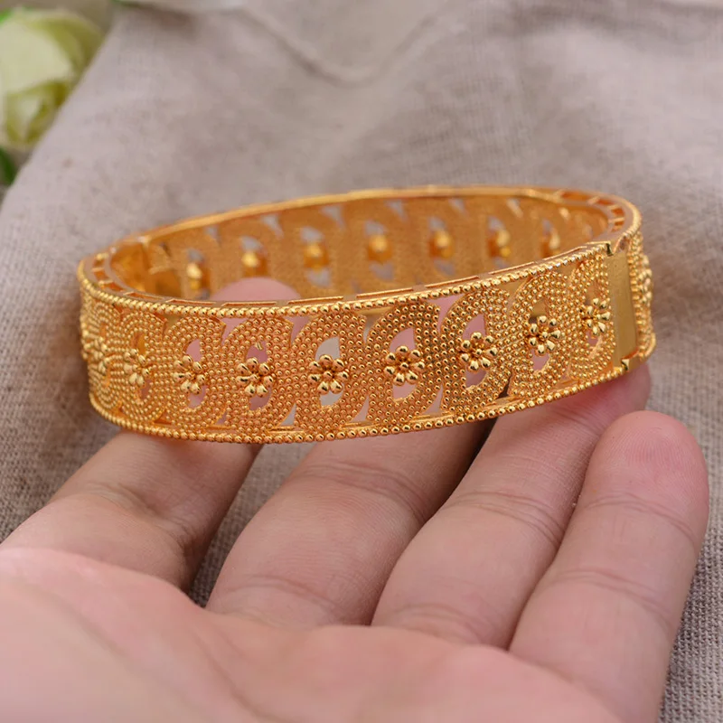 

ANNAYOYO 1Pcs/lot Ethiopian Africa Gold Color Bangles for Women Flower Bride Bracelet African Wedding Jewelry Middle East Items