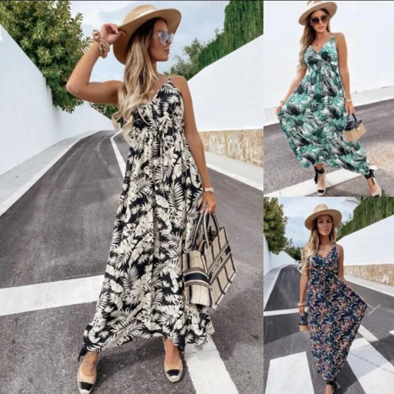 

Summer Sleeveless Sling Coconut Leaf Bohemian Dress Ladies Fashion V Neck High Waist Long Dresses For Women 2021 Robes Femme