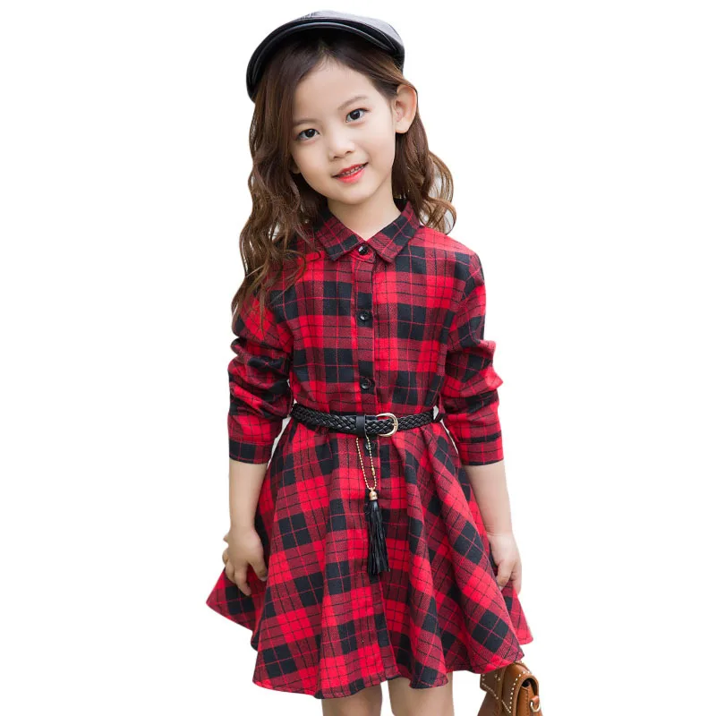 

Fashion Girl Dress Girl Plaid Shirt Dress Long Plus Size Teenager Girls Princess Dress with Belt Spring Autumn Long Sleeve Warm