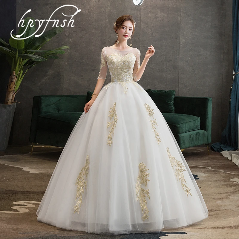 

HPYFNSH Plus size O neck White Lace Three Quarter wedding Dresses 2020 Vestidos De Novia Princess Bride Gowns Illusion Cheap GZ