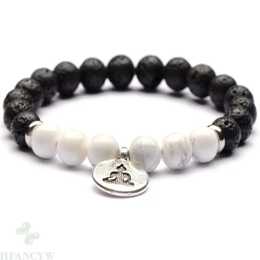 

8mm Lava Stone Howlite Gemstone Mala Bracelet 7.5inches Gift Handmade Cuff Fancy Buddhism Stretchy Accessories Yoga Bless Charm