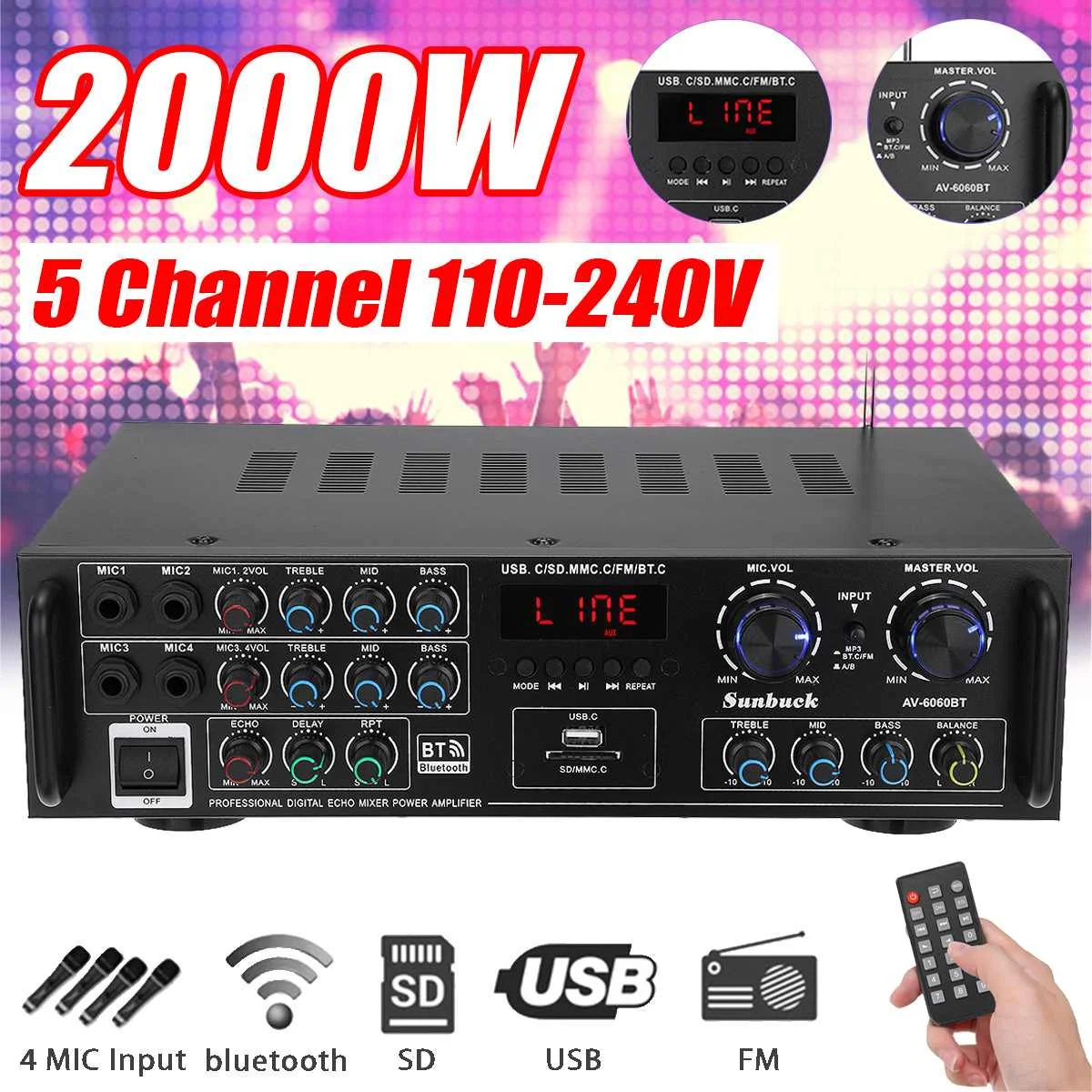 

110V-230V AV-6060BT 2000W 5CH Home HIFI Digital Amplifier bluetooth 5.0 FM Radio Power Amplifier Car Stereo Amp Subwoofer