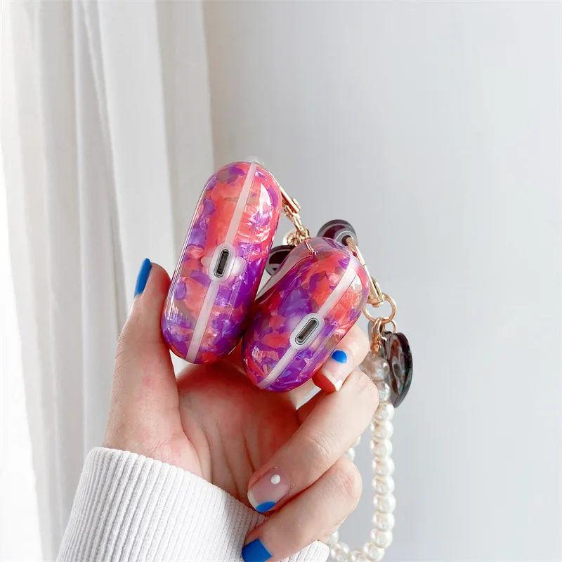 

Case Fuchsia Shell Glossy Shell Pattern Bluetooth Earphone case Protective Cover airpod For Airpods 1 2 Pro 3 Love Pendant Cover