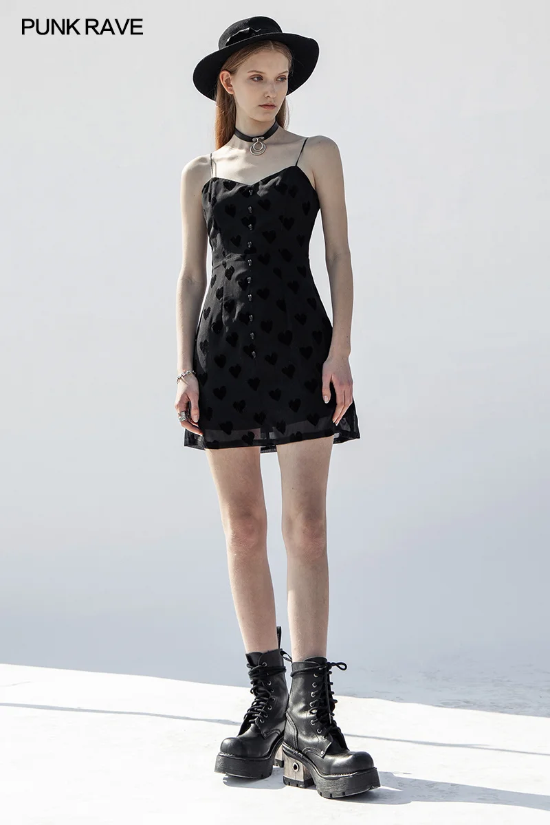 

Dress Chiffon A-Line SlipAdjustable Shoulder Strap Girl Black Dress PUNK RAVE Women's Gothic Daily Slim Fit Sleeveless Flocking