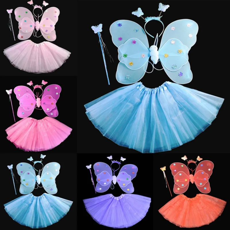

Halloween Children's Day Party Dress Dance Costume Cosplay Fairy Princess Kids Butterfly Wand Headband Skirt Clothes Accessories