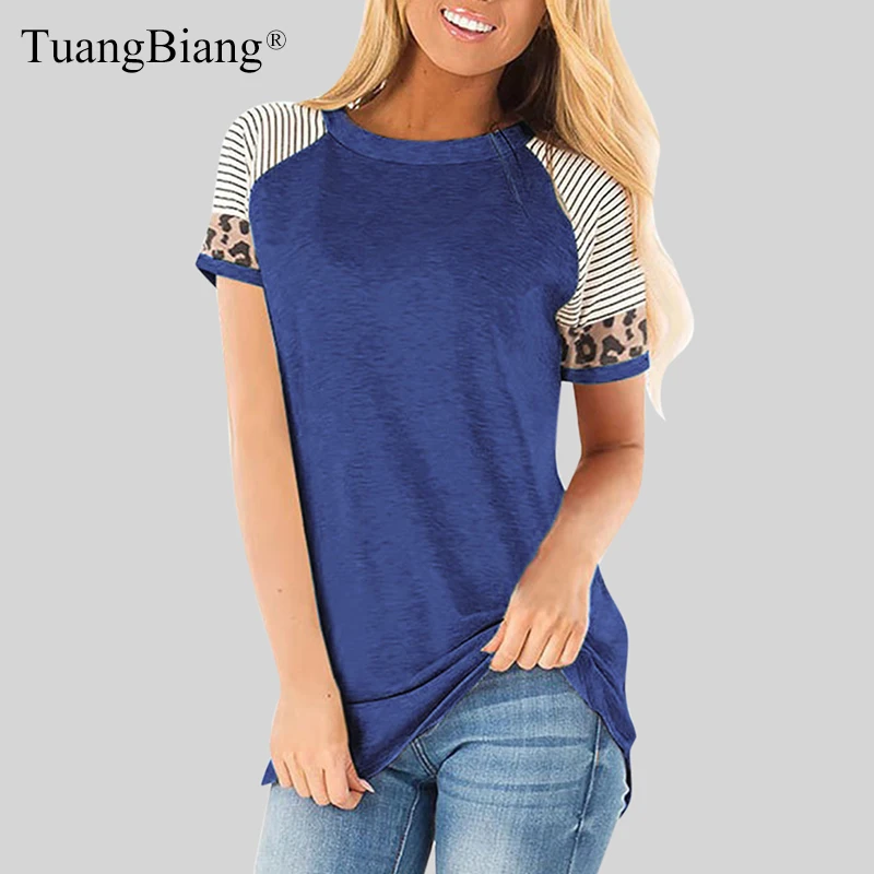 

Women Summer O-Neck Short Sleeve T shirts Loose Sexy Leopard stripe splice camiseta feminina T Shirts spring Lady Plus Size Tops