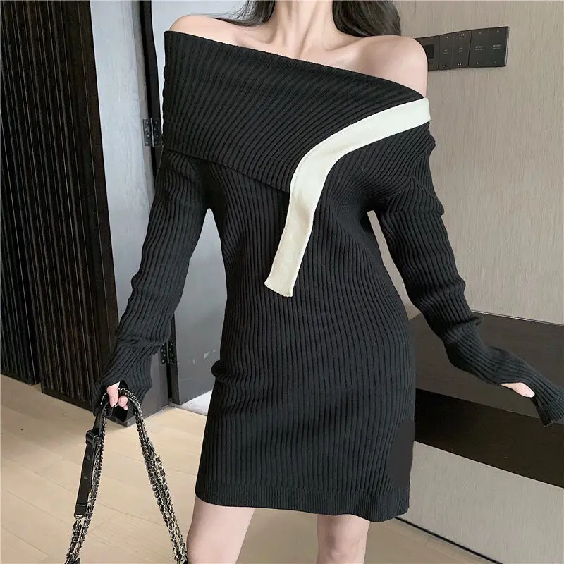 

2021 Elegant women knitted dress Off shoulder long sleeve female autumn winter sweater dress Chic ladies office vestidos Y270
