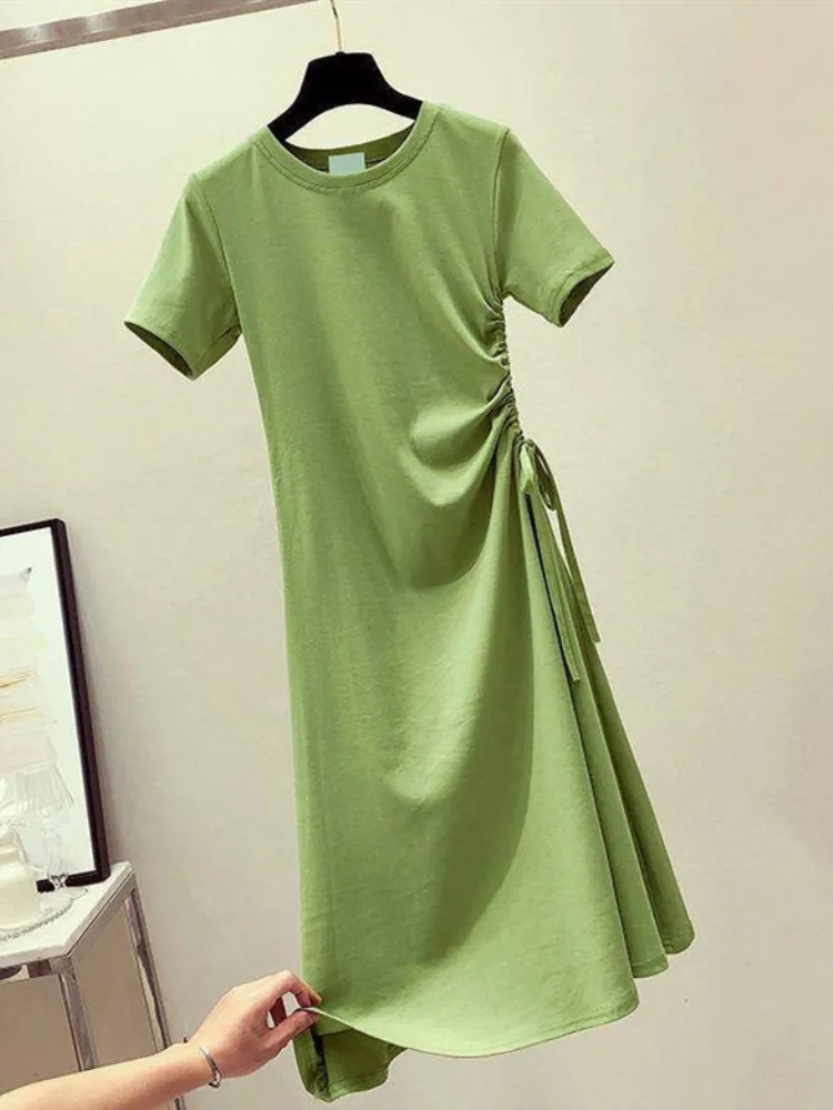 Summer Dresses Casual Cotton Girls Dress Avocado Green Long Section Waist Costume Slim Party Big Kids Teenage Women Clothes