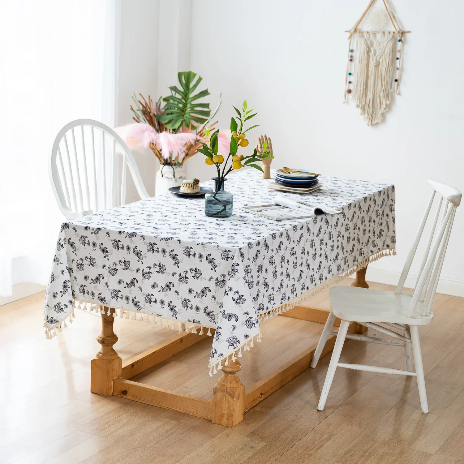 

French Pure Cotton Printed Tablecloth for Table Decoration Home Fresh Floral Tassel Tablecloth Wedding Decoration Tablecloth