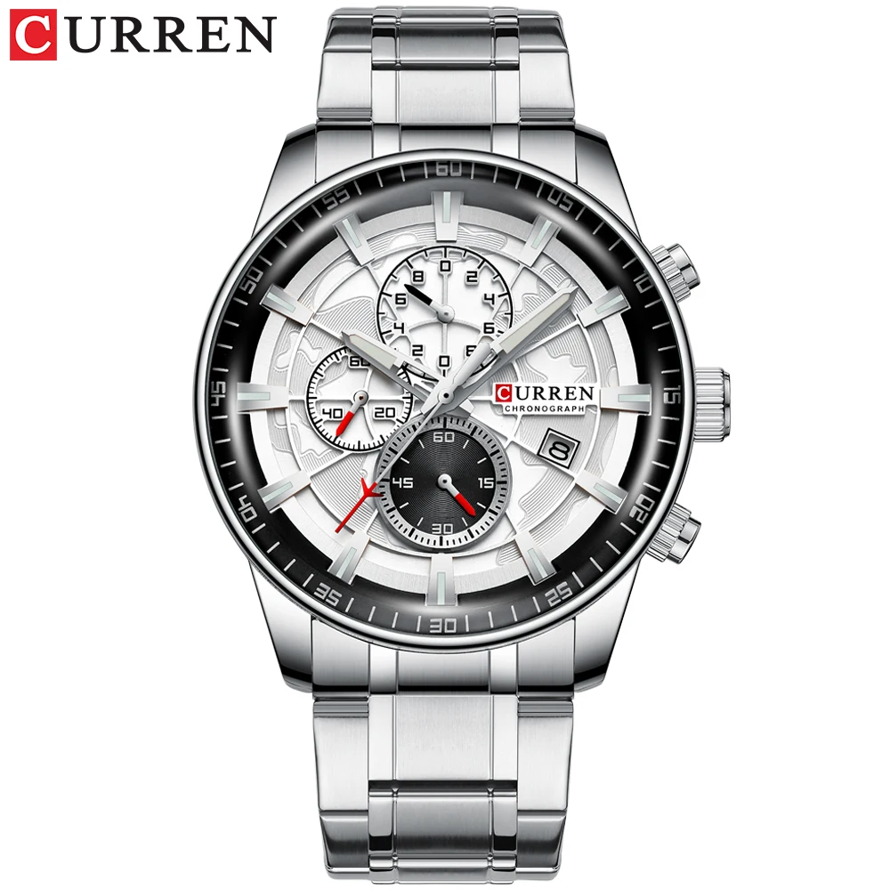 CURREN New Fashion Silver Black Quartz Watch Stainless Steel Waterproof Wristwatch Luminous Luxury Brand Chronograph Date Clock | Наручные