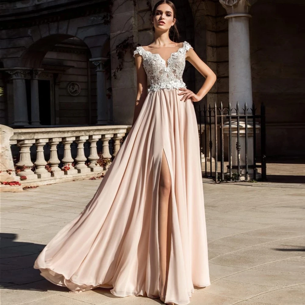

Chiffon Evening Dresses Front/Side Slit Sleeveless A-line Jewel Party Dresses Sweep/Brush Floor length Button Draped Applique
