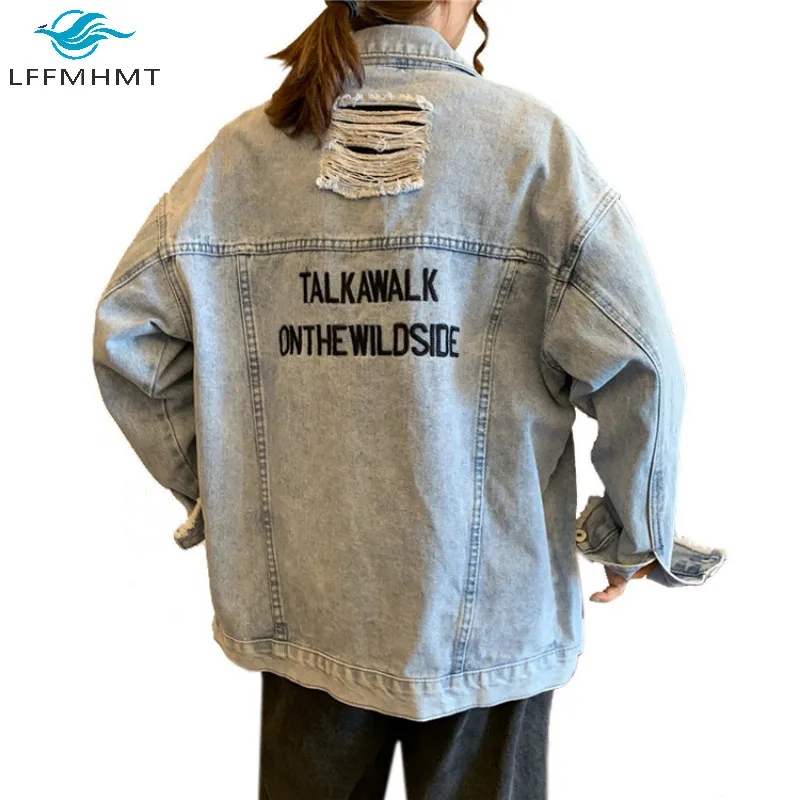 

Spring Fall Ripped Hole Letter Embroidery Vintage Denim Coats Women Washed Korean Style Jean Jacket Lapel Loose Casual Blue Tops